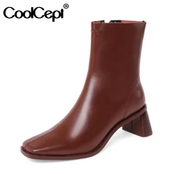

Coolcept Real Leather Women Ankle Boots Thick Heel Square Toe Side Zipper Shoes Winter Warm Boots Party Footwear Size 34-40