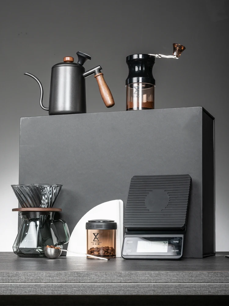 Coffee set Hand pot Gift box 304 stainless steel 580ml Glass coffee pot bean grinder Timing electronic scale Filter cup paper