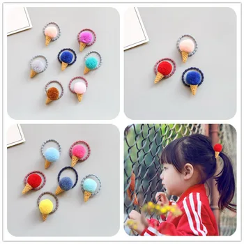 

DHL 2000pcs Faux Fur Pom Ponytail Holder For Girls Fluffy Candy Colors Cute Ice Cream Adjustable Elastic Headwear