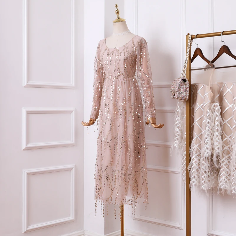 Осень 2019 Ретро стиль темперамент длинный рукав с блестками марля кисточка талия
