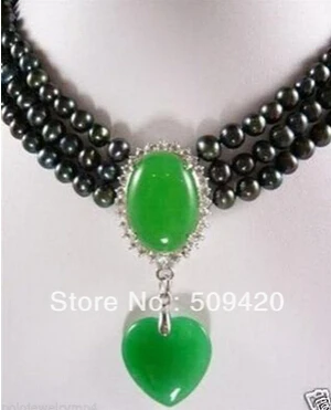 free shipping >>>New 8mm black Freshwater pearl natural green stone pendant necklace