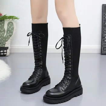 Lace Up Knitted Leather Boots  1