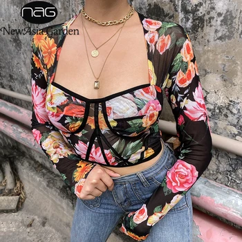 

NewAsia Garden Sexy Crop Top Women Wild Long Sleeve Shirt Women Print Ladies Tops Slim Autumn Square Collar Woman Tshirt Top