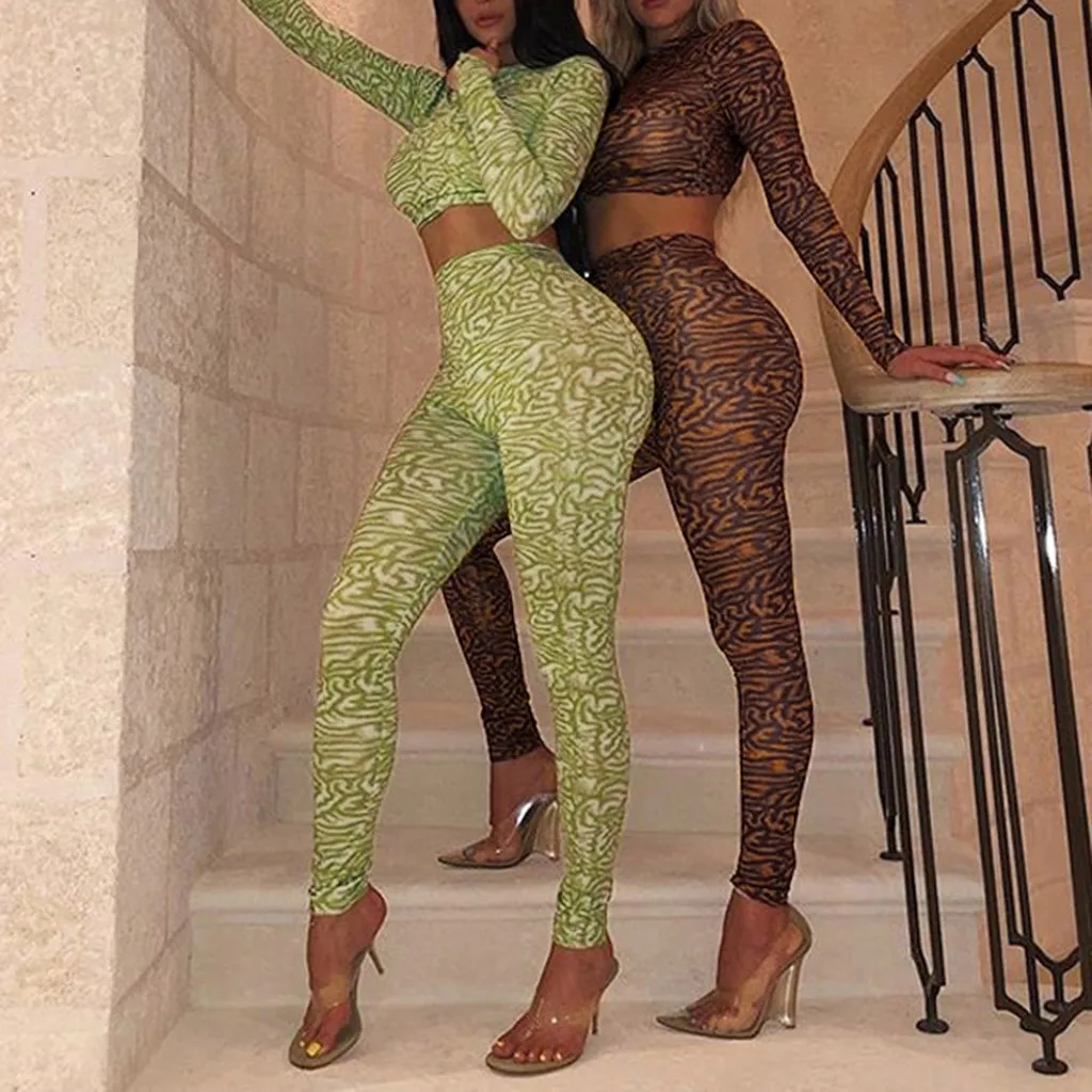 

Women Long Sleeve Printed Round Neck Short Tops workout Suit Bodycon Fitness Tracksuit Female Sport Set Suit women Clothing#g3