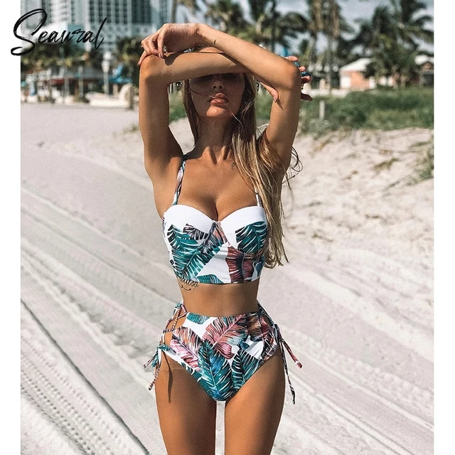 Conjunto de biquíni de cintura alta feminino, swimwear bandagem push up,  maiô floral de duas peças, biquíni de cordas, 2021