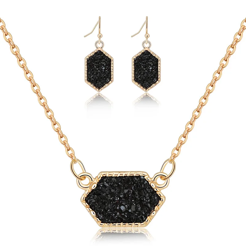 14 вариантов, Druzy Drusy, ожерелье, серьги, ювелирный набор, полимерные Кристальные серьги с камнем, брендовые шестигранные Висячие серьги, для свадебной вечеринки - Окраска металла: G black