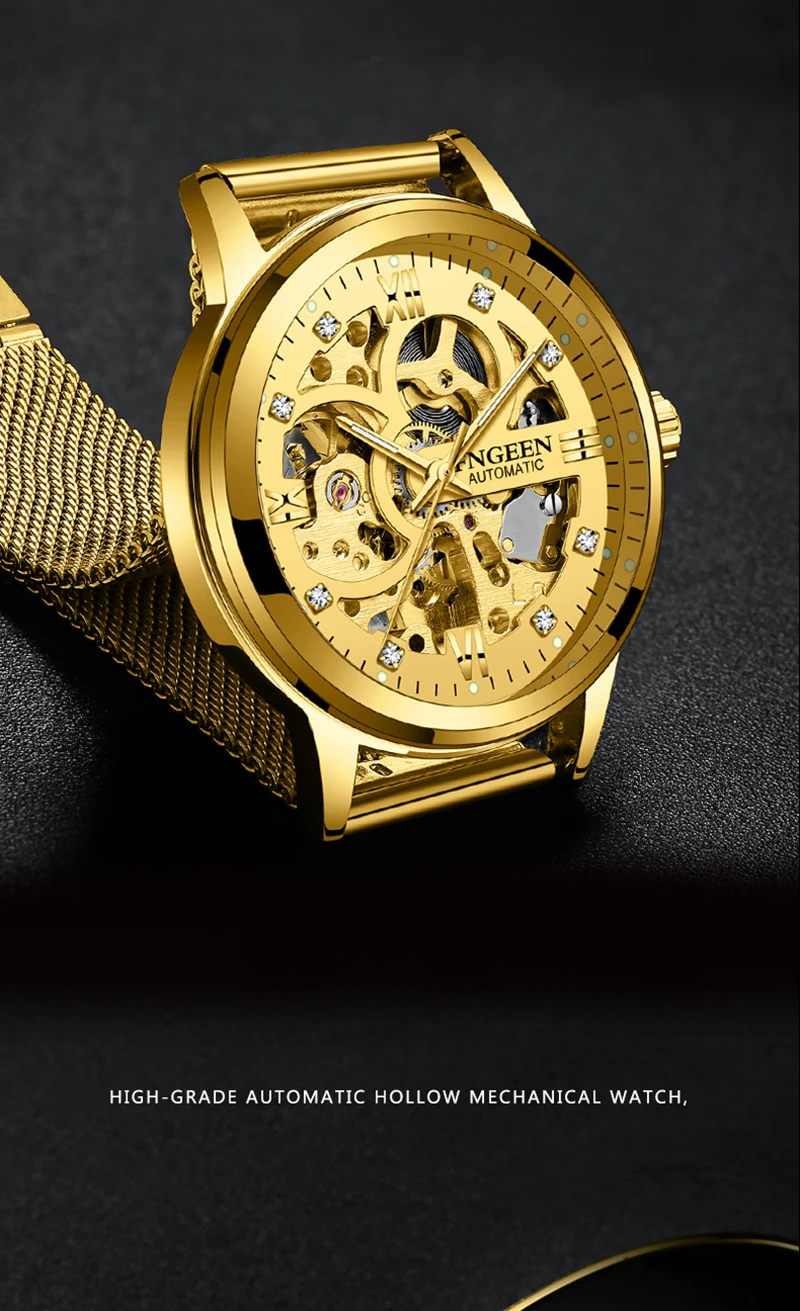 FNGEEN мужские часы с изображением скелета автоматические механические золотистые часы-скелетоны винтажные мужские часы лучший бренд Роскошные водонепроницаемые часы