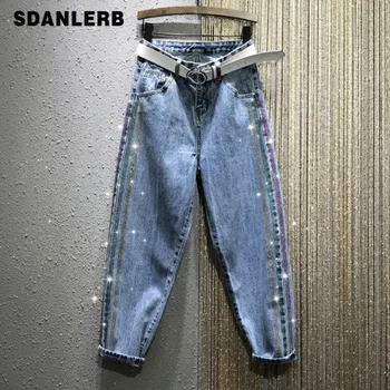 

Colorful Rhinestone Denim Pants Women's 2020 Spring New High-Waist Loose-Fit Straight-Cut Harem Dad Pants jeans woman ---