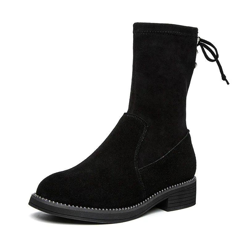 

2019 New Style Genuine Leather Stretch Boots Students Footwear Europe And America round-Toe Slimming in Low Heel Diamond Set Wom