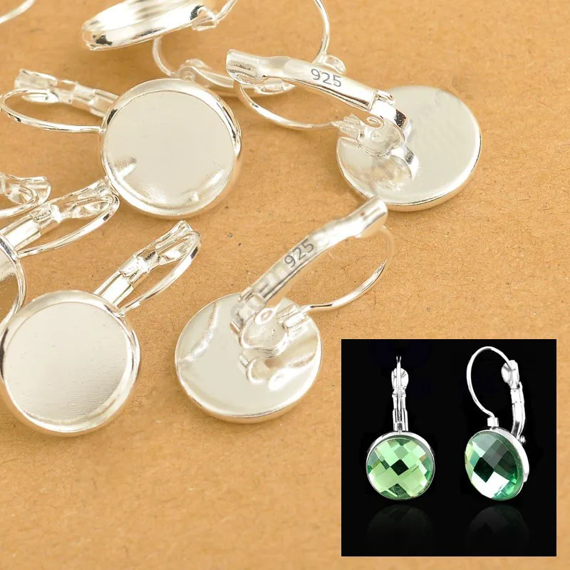 Bulk 8-10-12-14-16-18-20-25MM 925  Jewelry Findings Flat Disco Cabochon Cameo Settings Earring French Lever Back