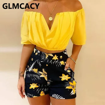 

Women Off Shoulder Ruched Top & Tropical Print Shorts Set Two Piece Summer Beach Suits 2020 Fashion Ropa De Mujer