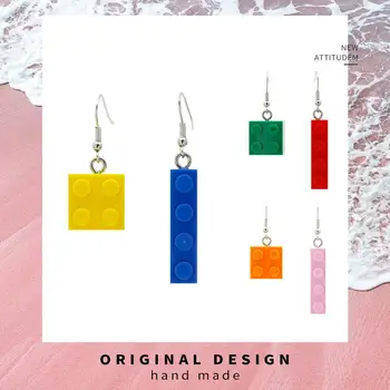 

S925 New Building Block Dangle Earrings Color Creative Fun Ear Clip Retro Building Blocks Acrylic Earrings For Women Jewelry
