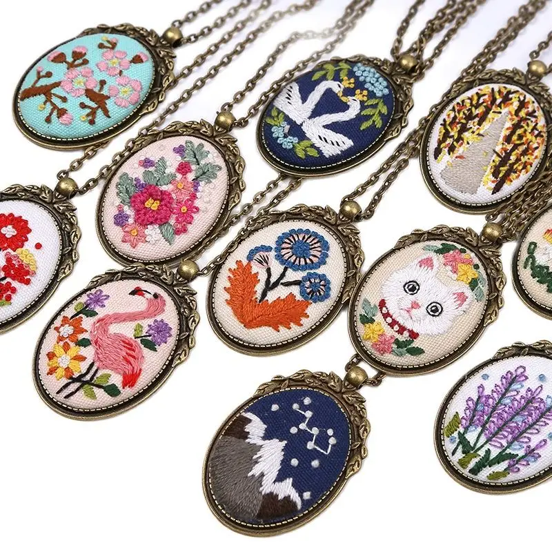 DIY Flower Embroidery Necklace Pendant Kit with Hoop Needlework Handmade Cross Stitch Handwork Sewing Art Craft Material Package