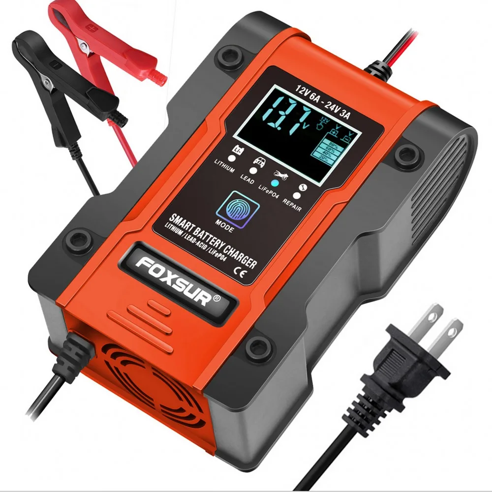 Foxsur Carregador de Bateria de Carro Carregador de Estágios Foxsur 12v 24v 6a para Bateria de Lítio Lipo Gel Wet Agm 12.6v