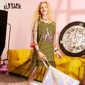 

ELFSACK Green Striped Letter Print Contrast Mesh Casual Dresses Women 2020 Summer ELF Yellow Graphic Korean Ladies Daily Dress