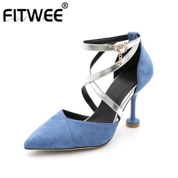 

FITWEE Women Pumps Pointed Toe Cross-Tied Ankle Strap Pearl Thin Heel Suede Leather Solid Color Party Shoes Size 30-45