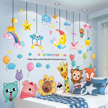 

[shijuekongjian] Cartoon Animals Balloons Wall Stickers DIY Clouds Moon Wall Decals for Kids Bedroom Baby Room House Decoration