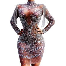 

Sparkly Silver Chain Tassel Rhinestones Tight Stretch Short Dress Turtleneck Net Yarn See Though Women Dress Nigthclub Outfit