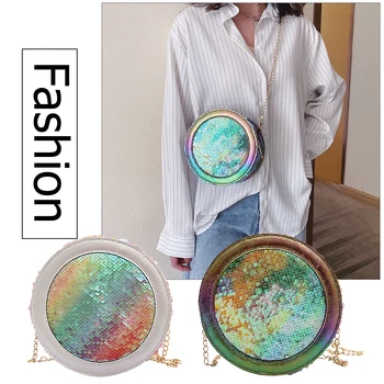 

Zipper Glitter Sequins Shoulder Messenger Bags Women Round Chain Crossbody Shoulder Handbags Ladies Purses
