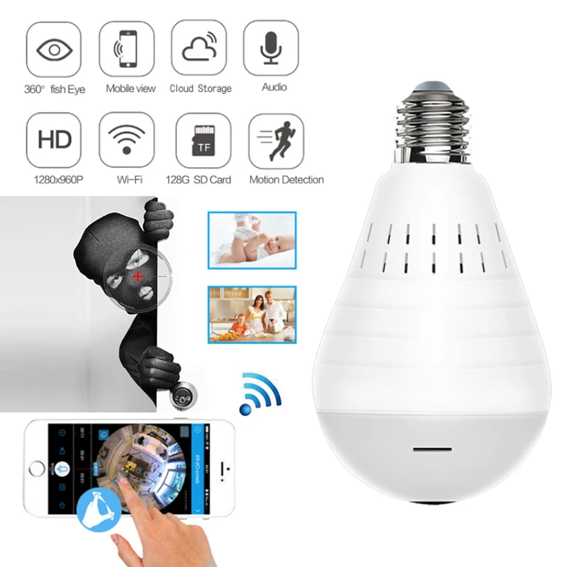 360° Panoramic Hidden Wifi Camera Light Bulb HD 1080P Security IP Fisheye Camera