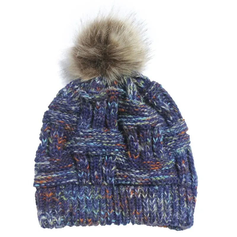 Navy blue Крючком шапка женская шапочка с помпоном зимние трикотажные изделия, теплая шапка черепки шапки бини шапки осень, для женщин Шапки Повседневное сапоги высотой выше колена шляпки из шерсти - Цвет: Navy blue