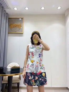 

Newest 2020 summer dress women sleeveless o-neck Elegant Flowers Printed Beading Color Patchwork Mini dress