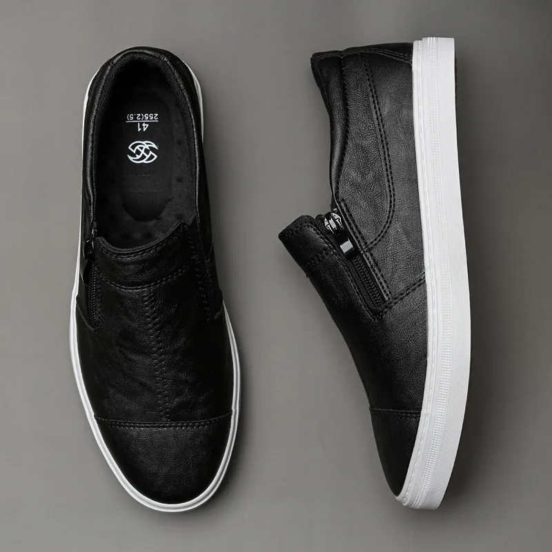 Men's Casual PU Leather Shoes Fashion Korean Shallow Mouth Shoes Slip on Men Loafers Zipper Flat Sneakers casual shoes sports shoes casual sneakers leather shoes running sneakers