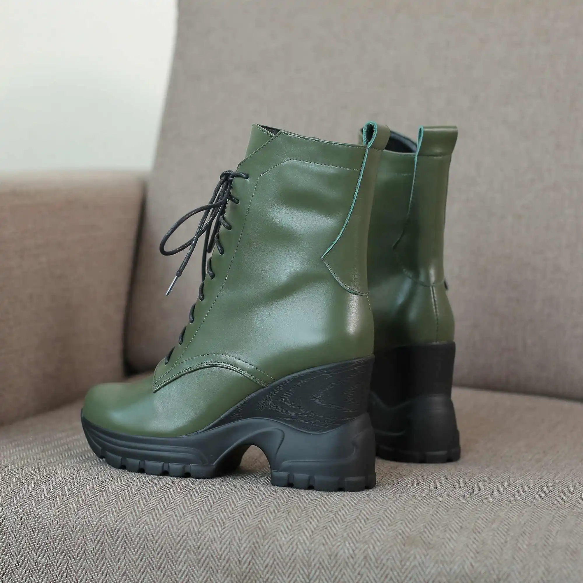 ArmyGreen Bottes femme/ботинки до середины икры женская обувь на высоком каблуке обувь из натуральной кожи с круглым носком на танкетке; zapatos de mujer; размер 42 - Цвет: ArmyGreen