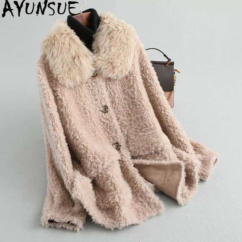

AYUNSUE Real Fur Coat Women Winter Jacket Sheep Shearing Furry 100% Wool Coats Fluffy Jacket Overcoat 2019 KQN19503 KJ2949