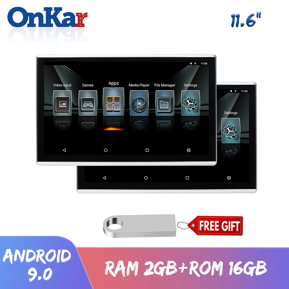 ONKAR Car Headrest with monitor Android 9.0 11.6 Inch RAM 2GB ROM 16GB With HDMI IN/Out 4K 1080P Video Screen Mirroring USB