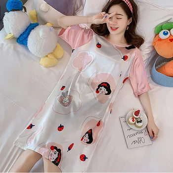 

Cute Cartoon Sleepwear Women Summer Short Sleeve Nightdress Ice Silk Loose Casual Homewear Outerwear Round Neck Nightgown S176