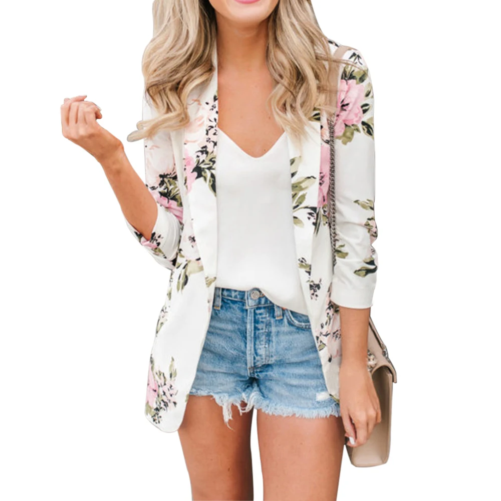 

2019 Casual Printed Blazers Feminino Women Autumn Floral Long Sleeve Blazer Notched Collar Coats Pockets White Female Outerwear