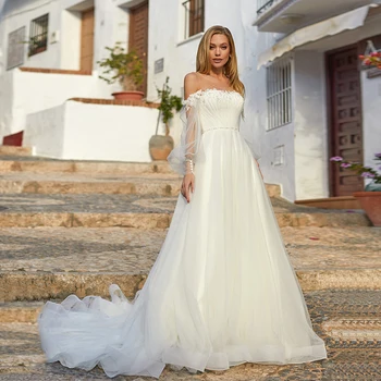 

Jiayigong Lantern Sleeve Wedding Dresses Beading Pearls Lace Applique Illusion Back Bridal Dress Robe De Mariage