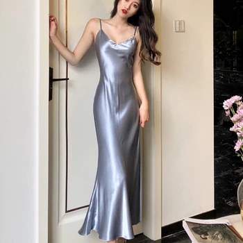 

Sexy V-Neck Long Satin Slip Strap Dress Women Elegant Silk Maxi Summer Dress Female Beach Party Club Fashion Elegant Long Dress