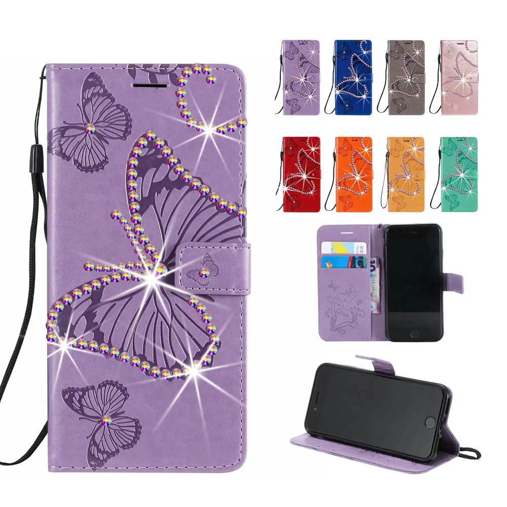 Sunjolly Diamond Case Per Iphone 8 Plus 7 6S 6 Plus Se 2020 5S 5 Stand Flip Portafoglio Farfalla Strass Custodia Per Telefono Cover Coque
