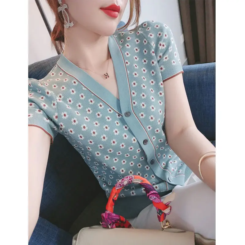 

French cardigan fresh contrast print 2024 spring/summer new retro knitted cardigan slim short sleeve jacket