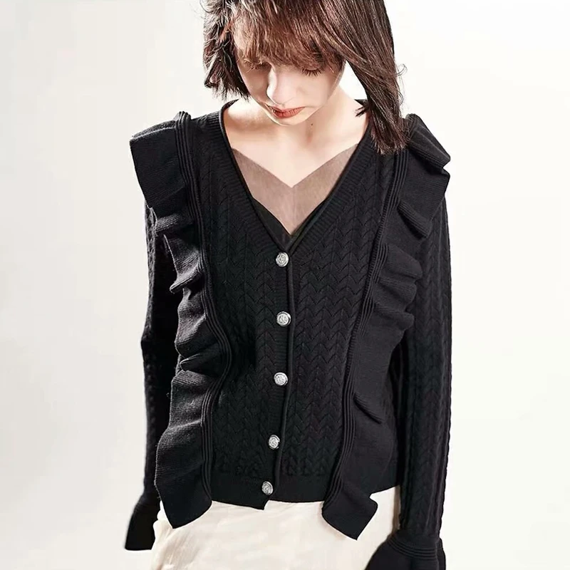 

KIYUMI Sweater Cardigan Women Autumn Sweater Ruffled V-neck Flared Cardigan Long Sleeves Button Front Autumn Winter Sweaters New