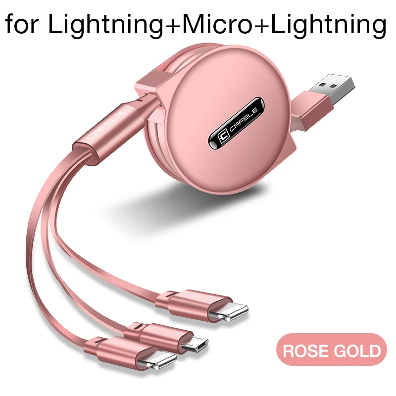 Cafele 3 в 1 Выдвижной USB кабель для iPhone Micro usb type C плоский кабель Быстрая зарядка для iPhone кабель+ Micro USB+ type-C - Цвет: L-M-L-Rose Gold