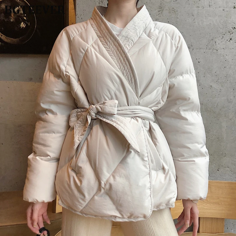 

BGTEEVER Plaid Lace up Winter Coats for Women V-neck Casual Down Cotton Padded Winter Warm Parkas Women Bomber Jackets Coat 2019