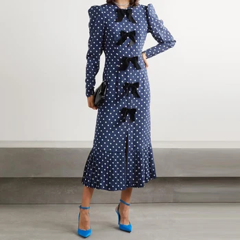 

Runway High Quality Autumn Fashion New Style Women'S Party Casual Bow Knot Appliques Polka Dot Slim Pleated Crimped Midi Dress