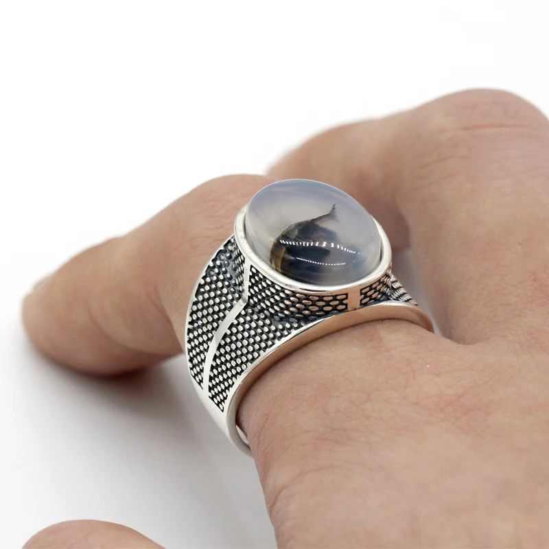 Настоящее 925 пробы Серебряное мужское кольцо с большим натуральный камень оникс Ретро панк тайское Серебряное кольцо для мужчин и женщин турецкое ювелирное изделие
