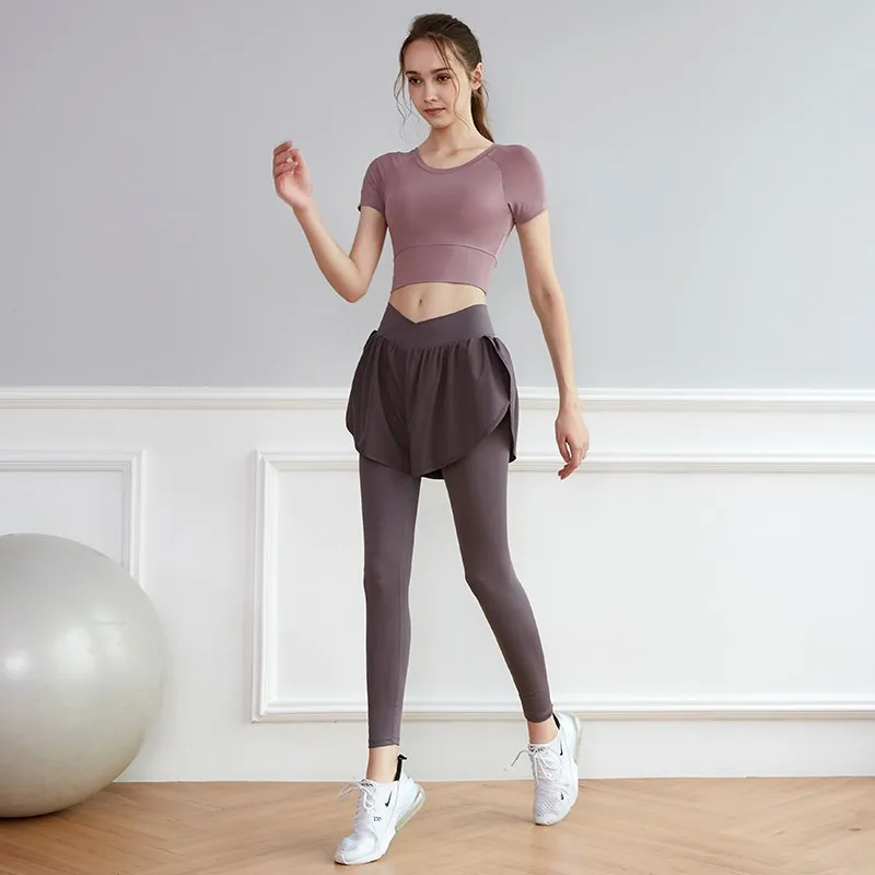 2PCS Women Yoga Set  Fitness Clothing High Waist Leggings Sports Suits Gym Set Female Sportswear Short Sleeve Workout Clothes