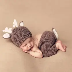 Newborn Festival Photography Props Deer Elk Design Baby Infant Knitted Costumes Hat Pants 2pcs Set Baby Photo Accessories