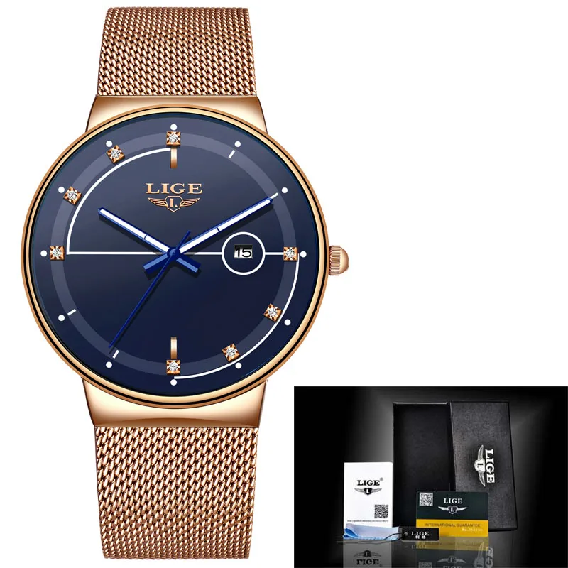 Reloj Mujer LIGE новые женские роскошные брендовые часы простые Кварцевые женские водонепроницаемые наручные часы женские модные повседневные часы - Цвет: Rose gold blue