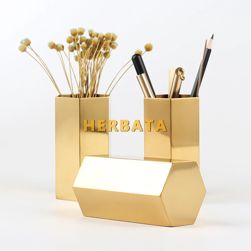 Pen Pencil Holder Gold Hexagonal Multifunction Desk Organizer Container Stainless Steel Desktop Storage for Home Office CL-2565