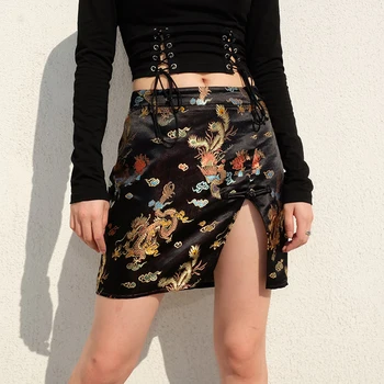 

Chinese Style Embroidery Side Split High Waist Skirts Women Summer Tang Buckle Short Skirt Printing Lady Short Cheongsam Skirt