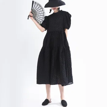 

WOMENGAGA 2020 Summer New Dress O-neck Puff Sleeve Patchwork Solid Loose Personality A-line Pleated Casual Streetwear A633