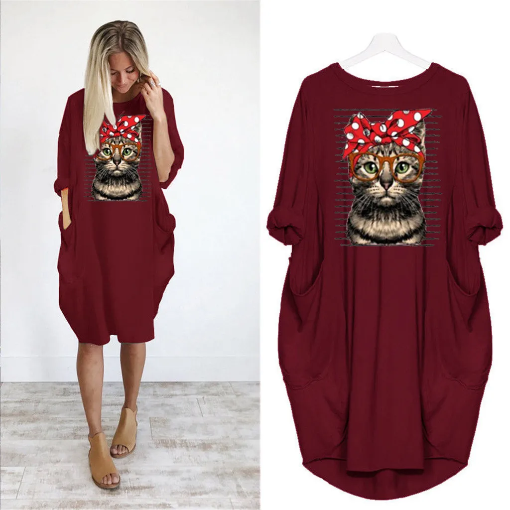 Cat Long Dress Women Plus Size 3XL O-Neck платье Summer Fashion HOT Long Sleeve Printed Short Mini Autumn A-Line Dress Wholesale