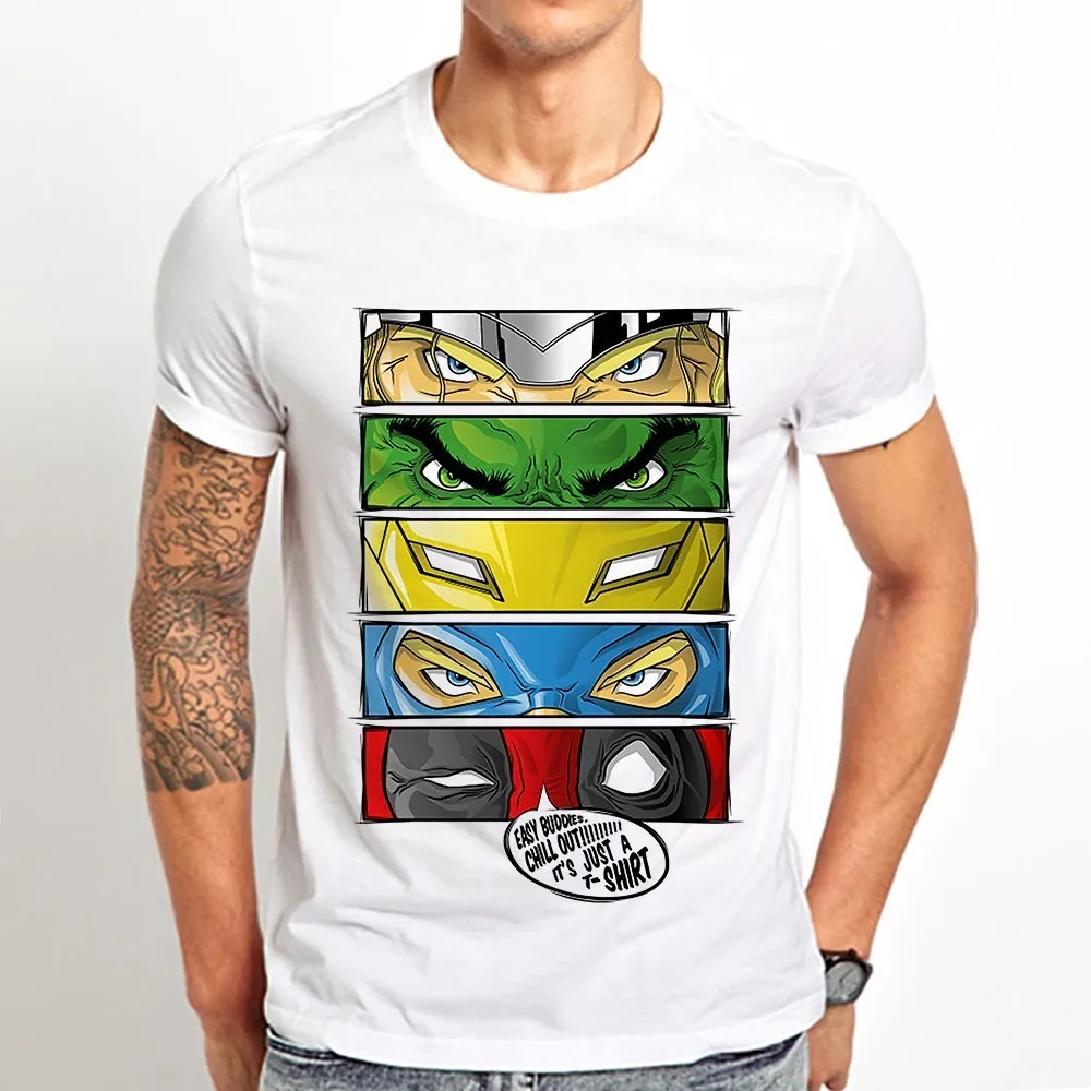 

Men Summer New White Casual Short Unisex Funny T Shirt Hulk Thor Deadpool Eyes of Avengers SuperHeroes Cool Tshirt