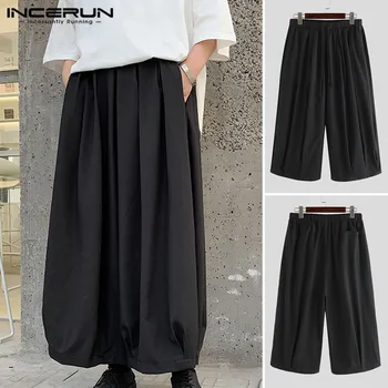 

INCERUN Men Wide Leg Pants Elastic Waist Cotton Trousers Joggers Fashion Solid Streetwear Dance Mens Loose Pants Harajuku S-5XL